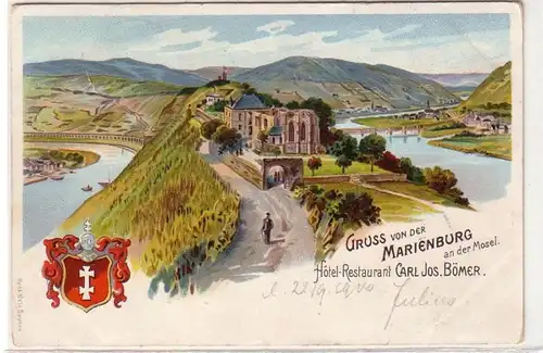 60686 Ak Lithographie Salutation de Marienburg à la Mosel Hotel Restaurant 1900