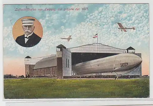 60581 Ak Luftschiffhafen von Leipzig, der grösste der Welt, mit Zeppelin 1913
