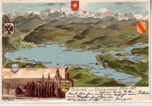 60481 Ak Lithographie Salutation du lac de Constance et Constanz 1901
