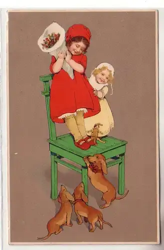 60335 Humor Ak Kind beschützt Tüte vor 3 kleinen Hunden Dackel um 1915