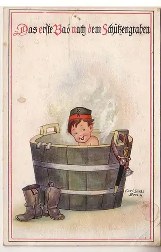 60326 militaire humour Ak "Le premier bain après le fossé de tir" 1916