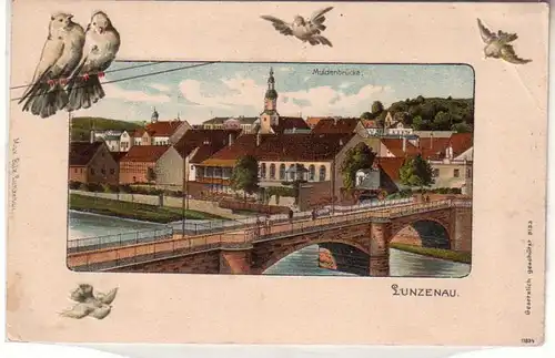 60235 Schwalben Präge Ak Lunzenau Muldenbrücke um 1900