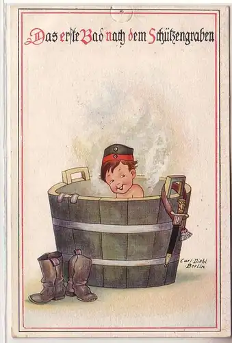 60123 Militär Humor Ak "Das erste Bad nach dem Schützengraben" 1916