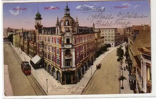 60028 Ak Katowitz Poststraße et Mühlstraße 1916