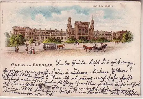 60027 Ak Lithographie Gruß aus Breslau Central Bahnhof 1901