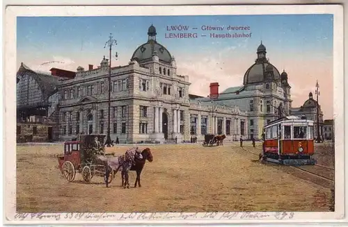 59890 Feldpost Ak Lemberg Gare centrale avec tramway avant 1916