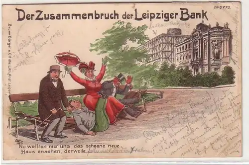 59855 Humor Ak "Der Zusammenbruch der Leipziger Bank" 1901