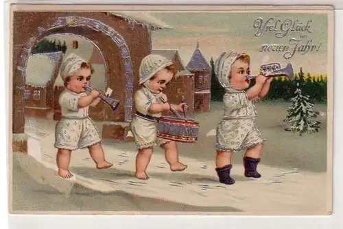 59701 Neujahrs Ak 3 Kleinkinder Babys als Musikanten 1912