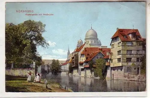 59458 Ak Nürnberg Wasserpartie mit Heubrücke und Synagoge um 1910