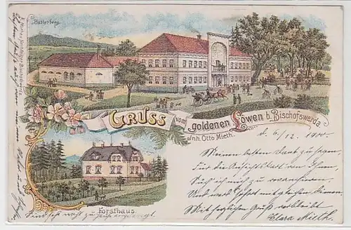 59419 Ak Lithographie Gruß vom goldenen Löwen bei Bischofswerda 1900