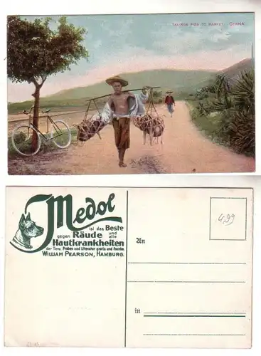 59392 Medol publicité Ak Chine takings Pigs to Market Bauer avec des porcs vers 1910