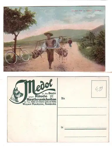 59387 Medol publicité Ak China takings Pigs to Market Bauer avec des porcs vers 1910