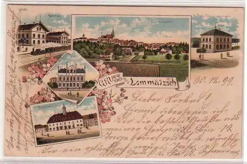 59351 Ak Lithographie Gruß aus Lommatzsch Bahnhof usw. 1900