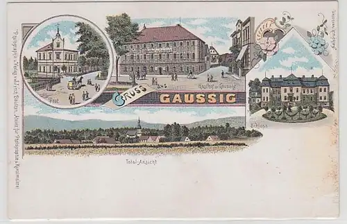59347 Ak Lithographie Gruß aus Gaussig Gasthof, Post usw. um 1900