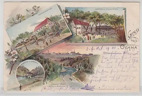 59316 Ak Lithographie Gruß aus Oehna Restauration 1900