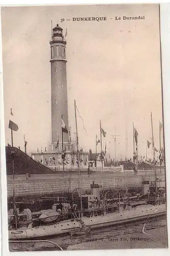 59163 Ak Dunkerque Belgien Leuchtturm mit Kriegsschiff le Durandal um 1915