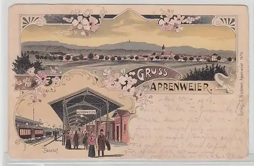 59108 Ak Lithographie Gruß aus Appenweier Totalansicht und Bahnhof 1916