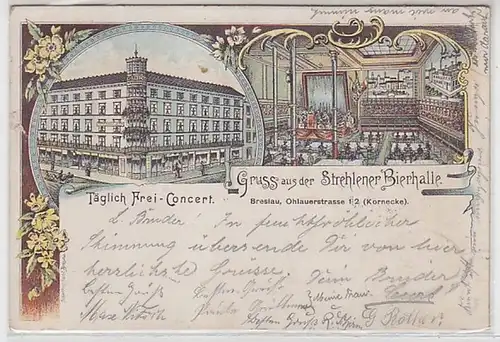 59086 Ak Lithographie Gruß aus der Strehlener Bierhalle 1901