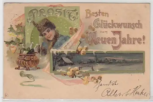 59085 Ak Dame du Nouvel An avec fourrure et verre mousseux dans la main 1901