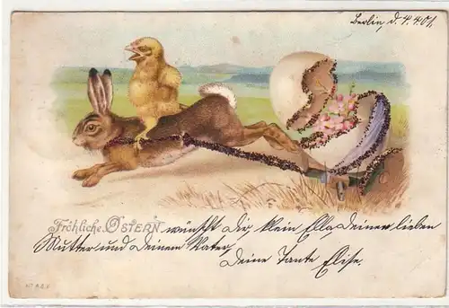59026 Fröhliche Ostern Ak Küken reitet auf Osterhasen 1901