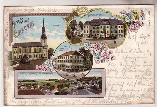 58991 Ak Lithographie Gruß aus Gaussig Gasthaus usw. 1900