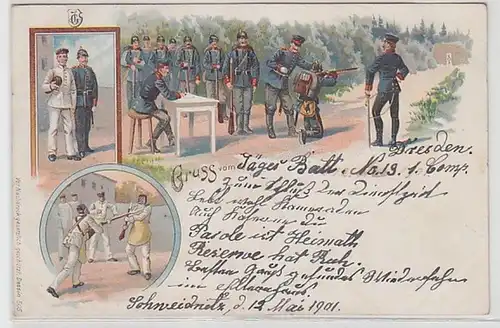 58964 Militaire Ak Lithographie Salutation du chasseur Batl. n°19 Dresde 1901