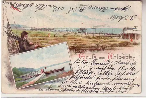 58954 Ak Lithographie Gruß aus Seebad Ahlbeck Strand und am Wolgastsee 1898