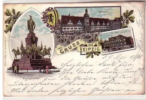 58952 Ak Lithographie Gruß aus Leipzig Siegesdenkmal, Börse Rathaus 1898