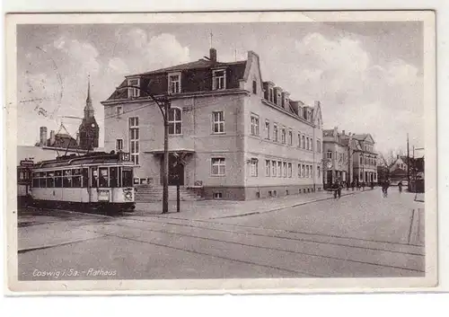 58803 Ak Coswig in Sachsen Rathaus mit Straßenbahn 1950