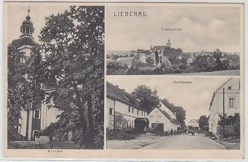 58731 Mehrbild Ak Liebenau Totalansicht, Kirche, Dorfstrasse 1913