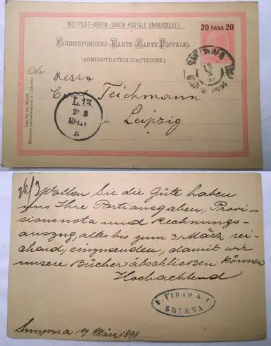 58542 vieux entiers carte postale K.u.K. 20 Para Smyrna vers Leipzig 1896