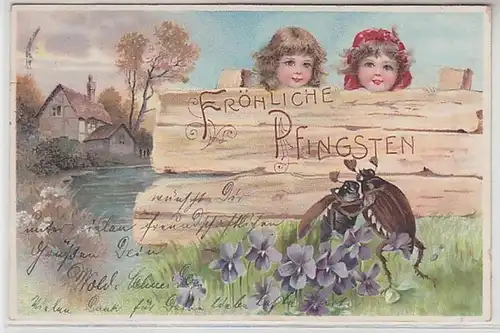 58523 Fröhliche Pfingsten Ak 2 Maikäfer und 2 Kinder 1903