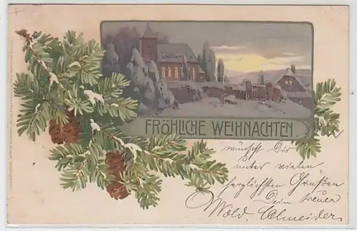 58514 Joyeux Noël Ak paysage d'hiver et branche de sapin 1902