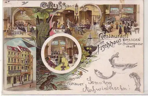 58474 Ak Lithographie Gruß aus dem Restaurant Fischhaus Dresden 1899