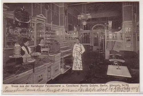 58463 Ak Salutation de la boulangerie Karlsbader Feinbäckerei & Conditorei Berlin Königstr. 1913