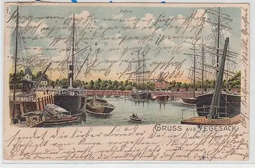 5838 Ak Lithographie Salutation de Port Végésack avec des bateaux 1906