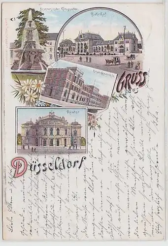 58363 Ak Lithographie Gruss de Düsseldorf Gare ferroviaire, académie des arts, etc 1898