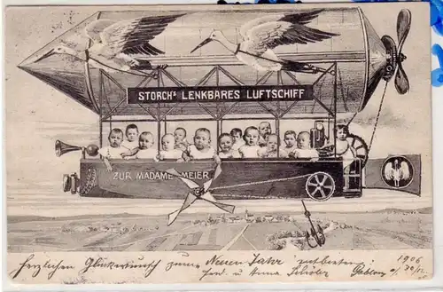 58285 Humor Ak Storch's lenkbares Luftschiff 1906