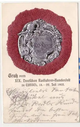 58278 Präge Ak Gruß vom XIX. Deutschen Radfahrer Bundesfest zu Cassel 1902