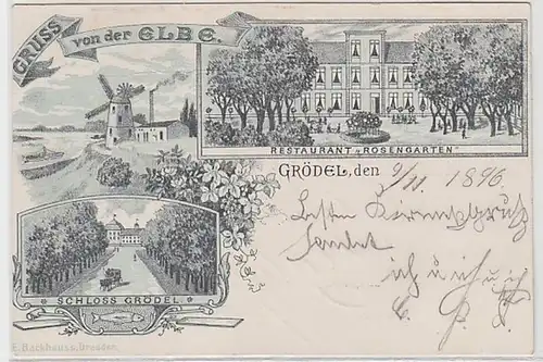 58109 Ak Gruß von der Elbe Grödel Restaurant Rosengarten und Schloss 1896