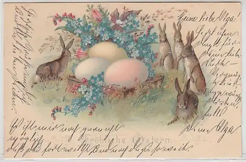 57971 Ak Fröhliche Ostern Hasen um einen Korb mit Eiern und Vergißmeinnicht 1899