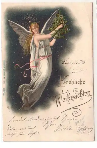 57967 Ak Fröhliche Weihnachten! Engel mit Tannenbäumchen 1899