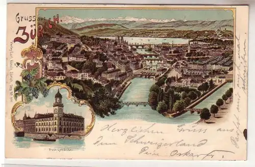 57964 Ak Lithographie Salutation de Zurich Vue totale et bâtiment postal 1899