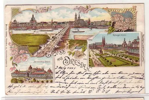 57962 Ak Lithografie Gruss aus Dresden Panorama Zwinger Ausstellungspalast 1898
