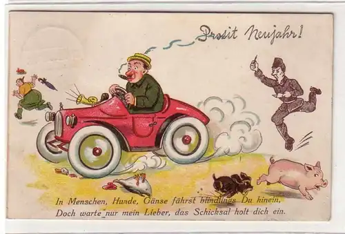 57926 Prosit Neujahr Ak Humor "Polizist jagt Automobil" 1935