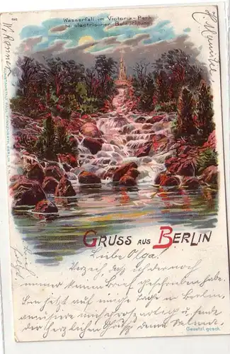 57885 Ak Gruss de Berlin cascade dans Victoriapark b. electr. Eclairage 1899