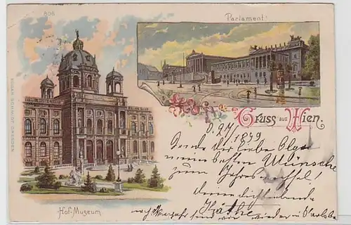57882 Ak Lithographie Salutation de Wien Hof-Museum et Parlement 1899