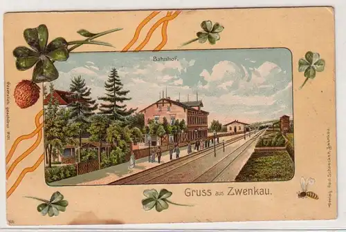 57826 geprägte Kleeblatt Ak Gruß aus Zwenkau Bahnhof 1914