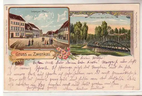57824 Ak Gruss aus Zwenkau Leipziger Platz + Partie aus dem Eichholz 1908