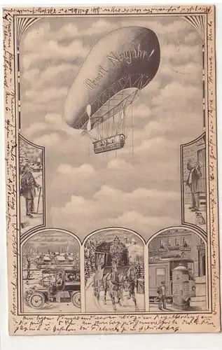57729 Ak Prosit Neujahr! Transportmittel Deutsche Post mit Zeppelin 1909